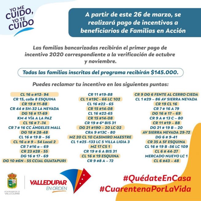 Pago de incentivos a beneficiarios de familias en acción se inicia hoy en Valledupar