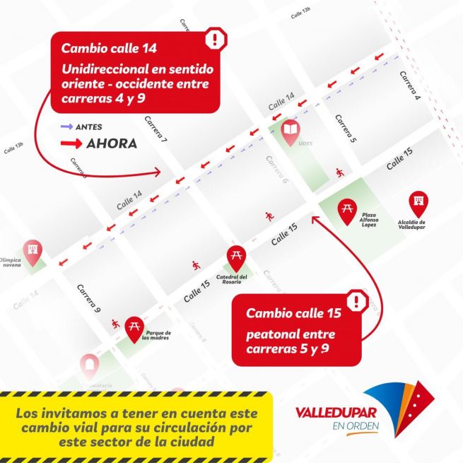 Hay cambio de sentido en tránsito vehicular de calle 14 entre carreras 4 y 9 en Valledupar