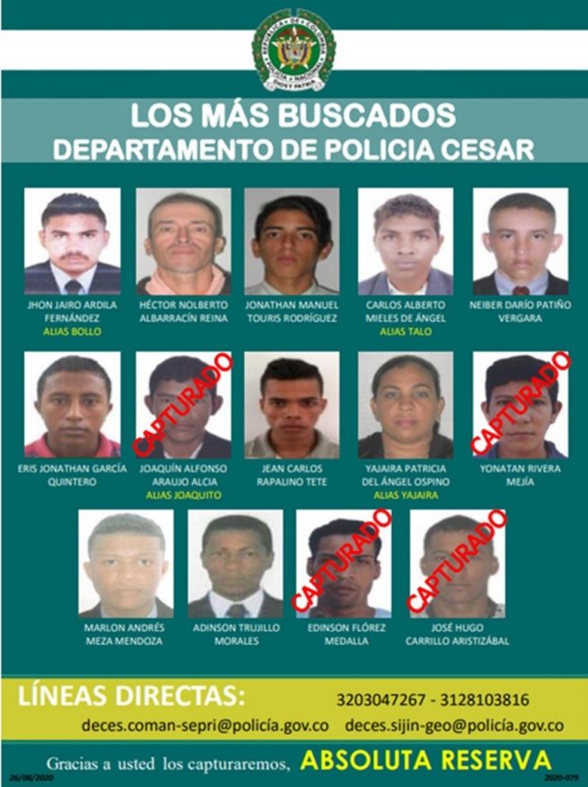Capturados cuatro del nuevo cartel de los más buscados en el Cesar