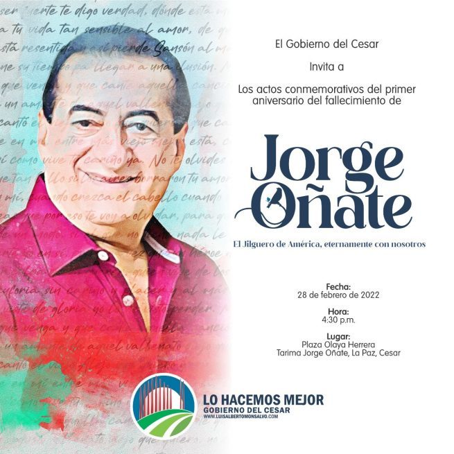 Listo homenaje para conmemorar primer aniversario del fallecimiento de Jorge Oñate