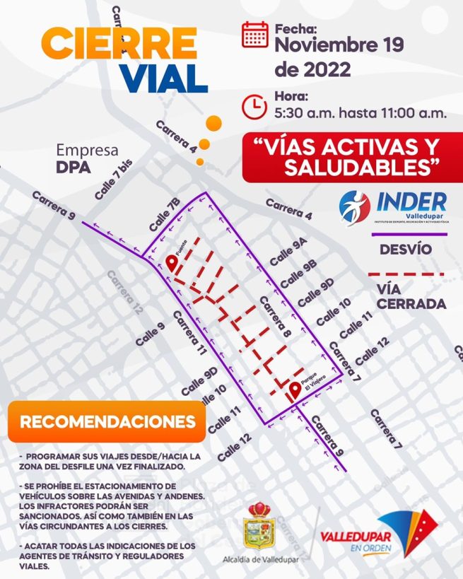 Habrá cierres viales por circuito recreo deportivo “Vías activas y saludables”